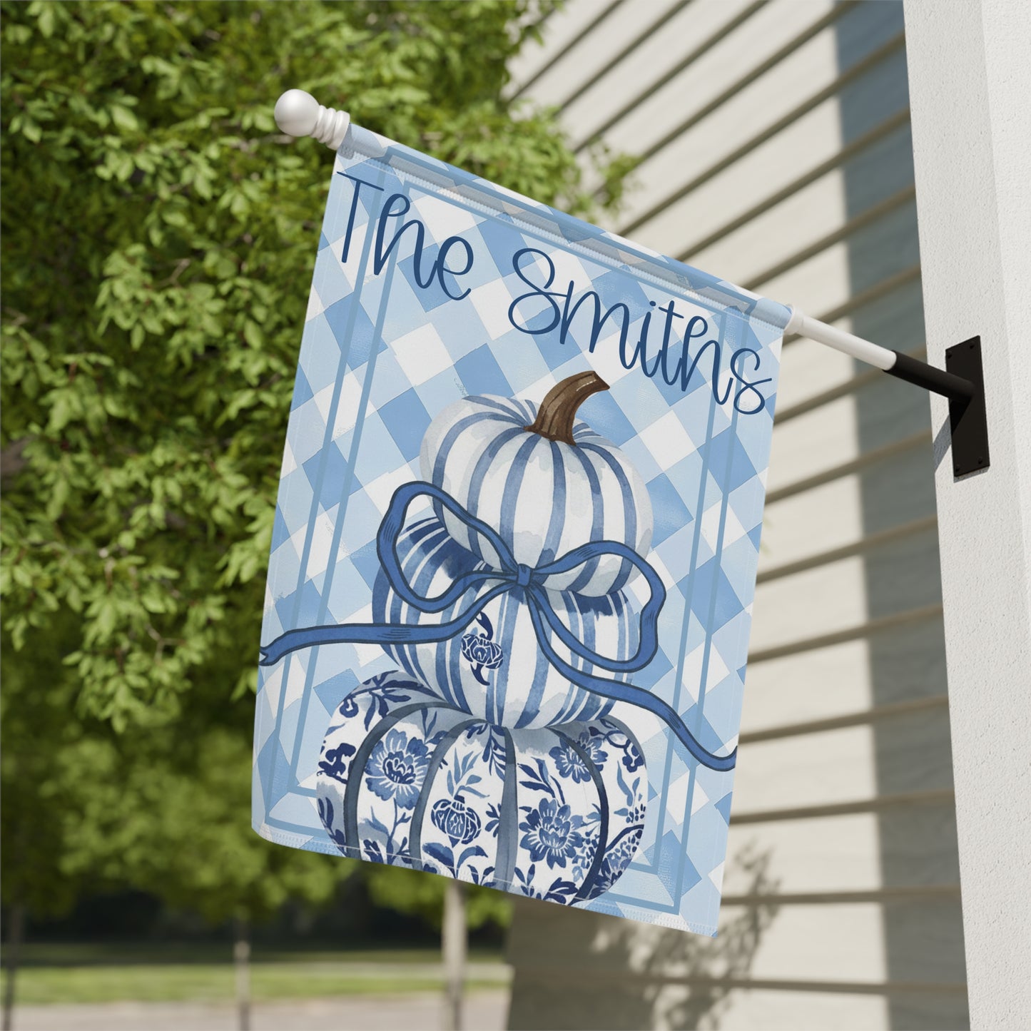 Blue Gingham Pumpkin Stack Garden & House Banner | Personalized Name