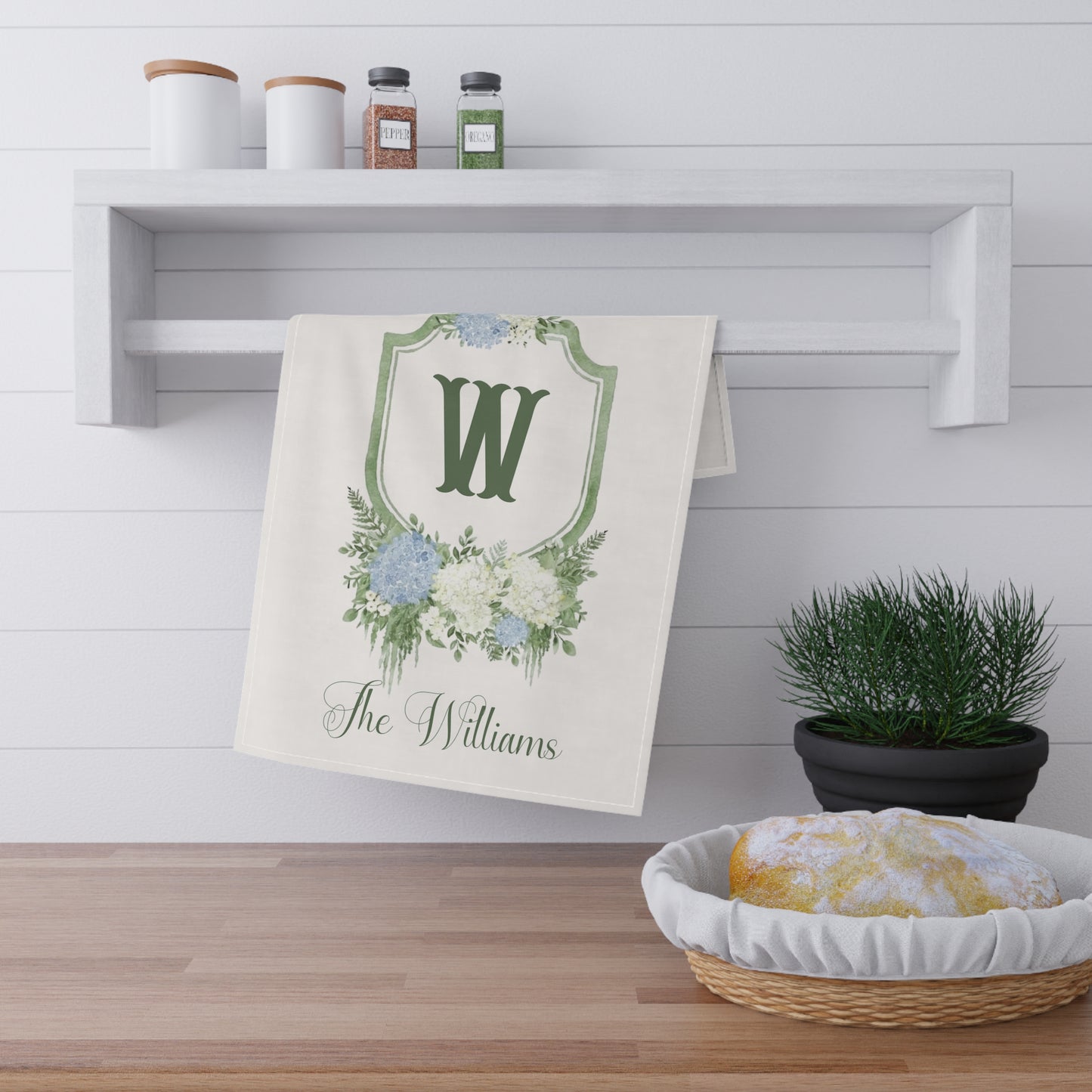 Green Floral Monogram W Tea Towel | Personalized Kitchen Towel