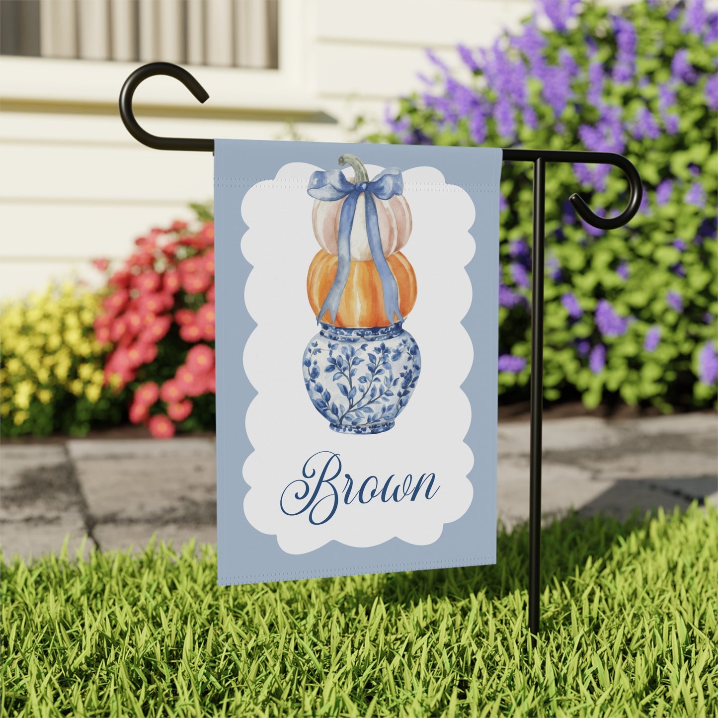 Blue Chinoiserie Pumpkin Stack Garden Flag | Garden Banner