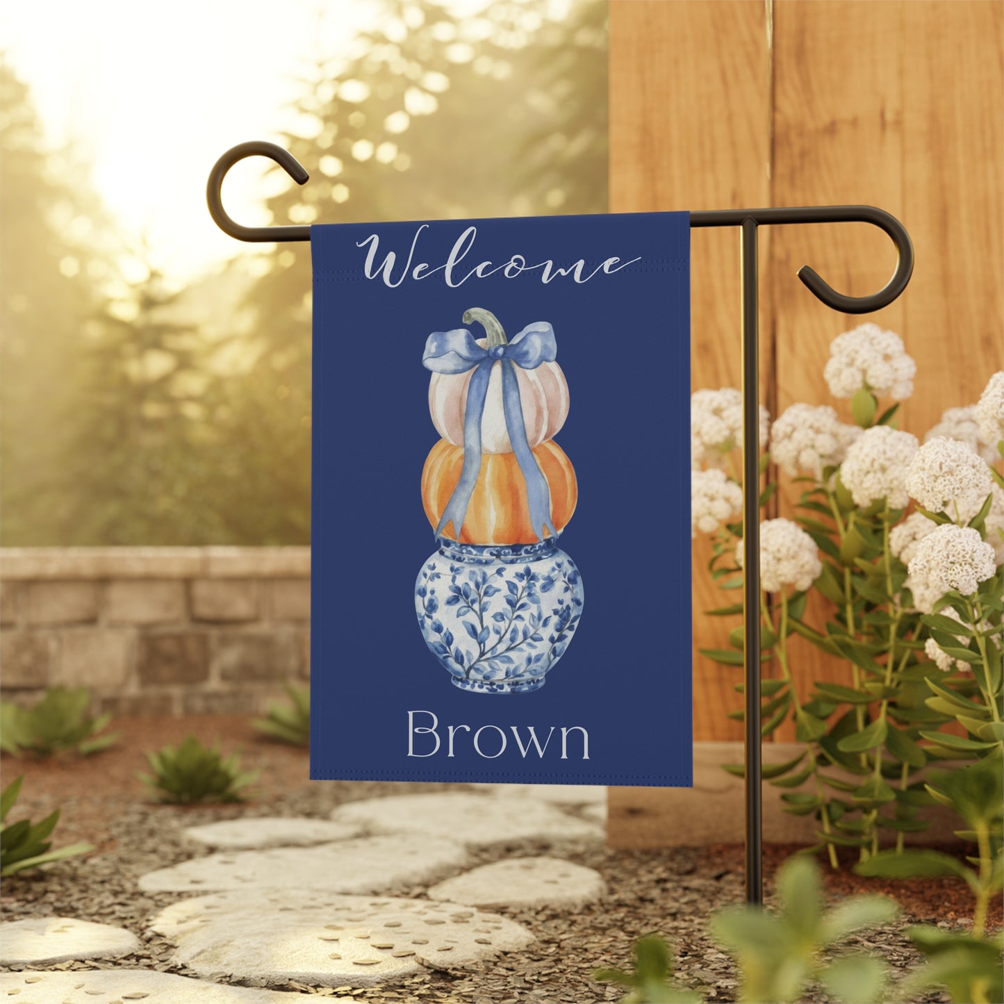 Stacked Pumpkins in Blue Vase Garden Flag | Welcome House Banner