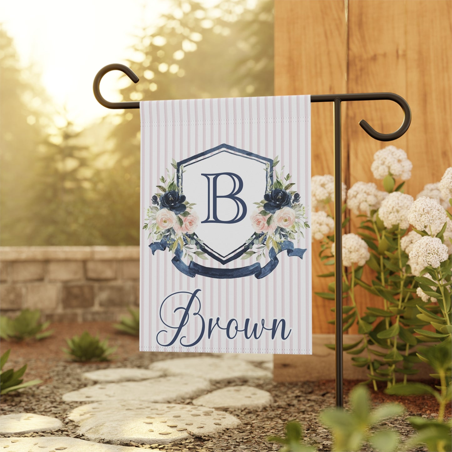 Personalized Navy Blue Floral Crest Garden Flag