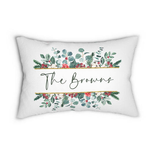 Personalized Christmas Lumbar Pillow — "The Browns" Floral & Plaid Holiday Throw