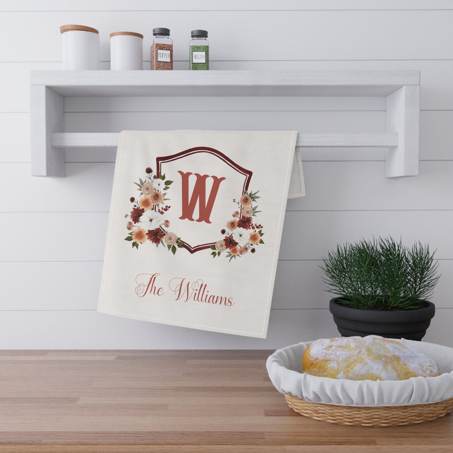 Monogram W Floral Crest Tea Towel | Personalized Kitchen Towel