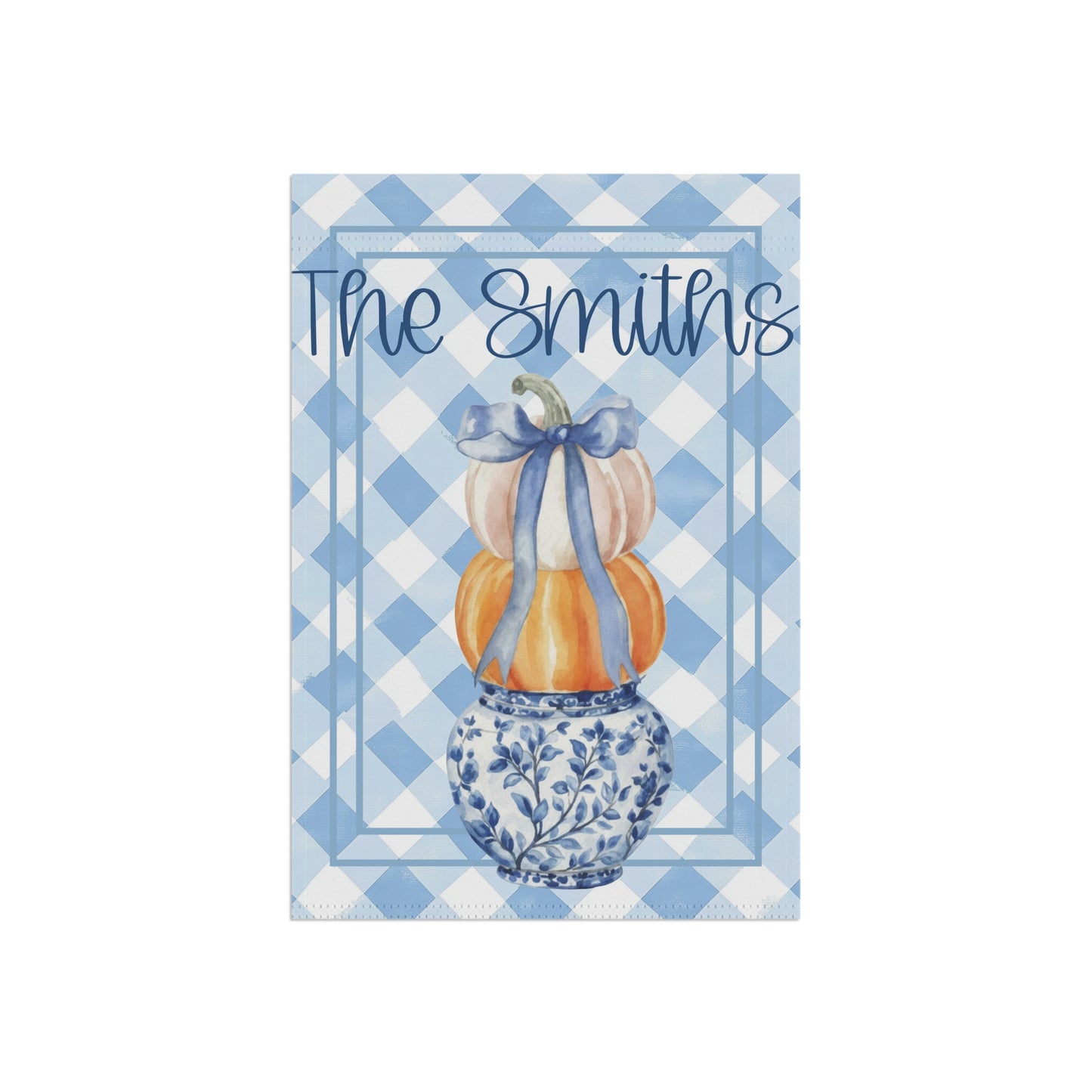 Blue Gingham Pumpkin Stack Garden Flag | Garden Banner