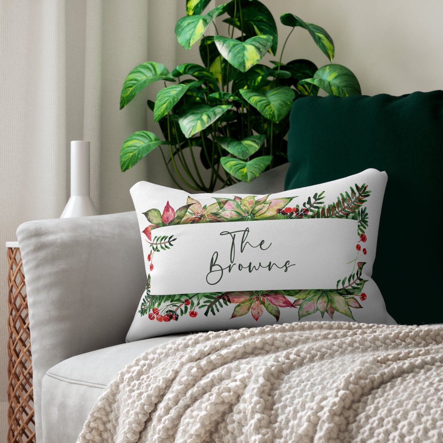 Personalized Holiday Wreath Lumbar Pillow | Plaid Back