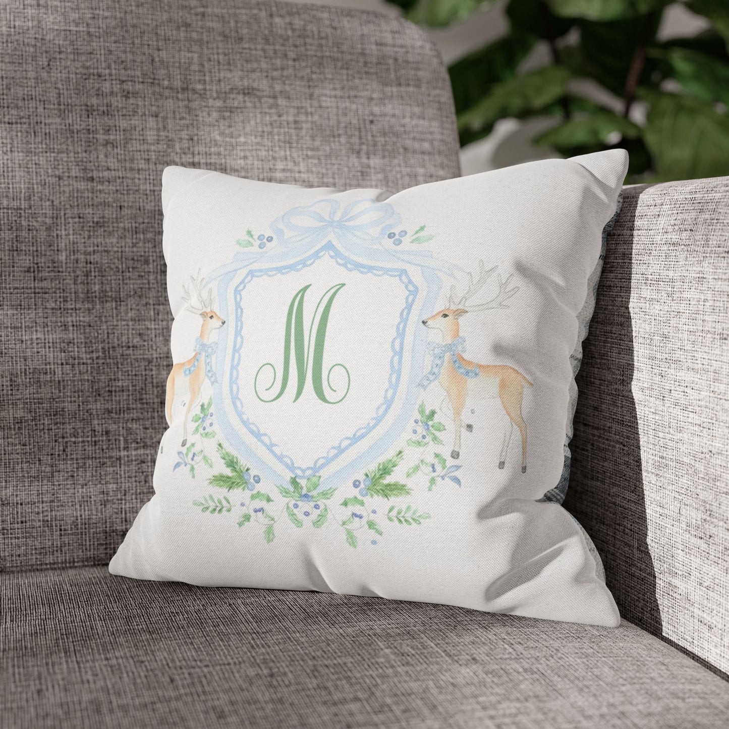 Monogram M Crest Pillowcase, Deer Wreath Accent Pillowcase
