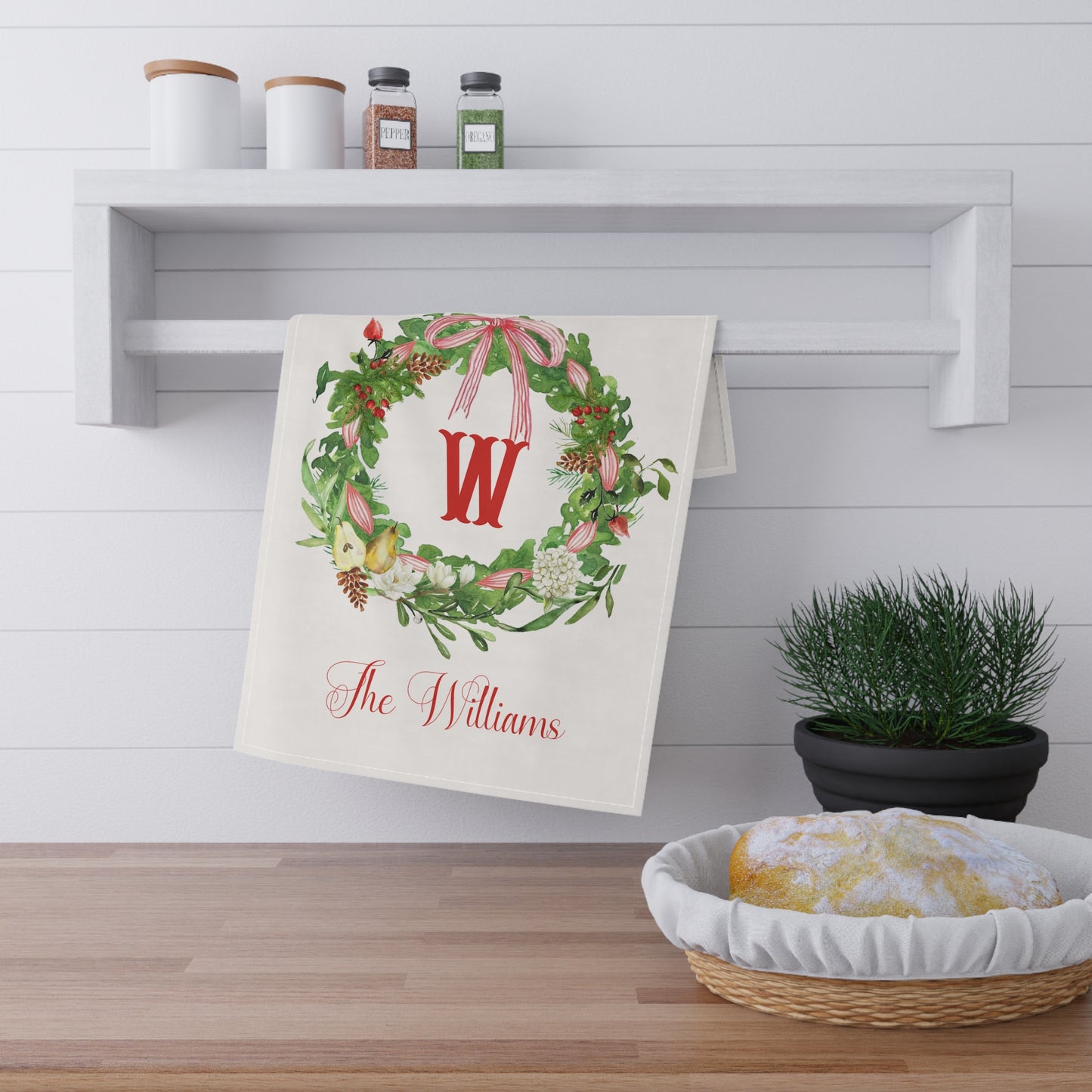 Christmas Wreath Monogram Tea Towel | Personalized Initial