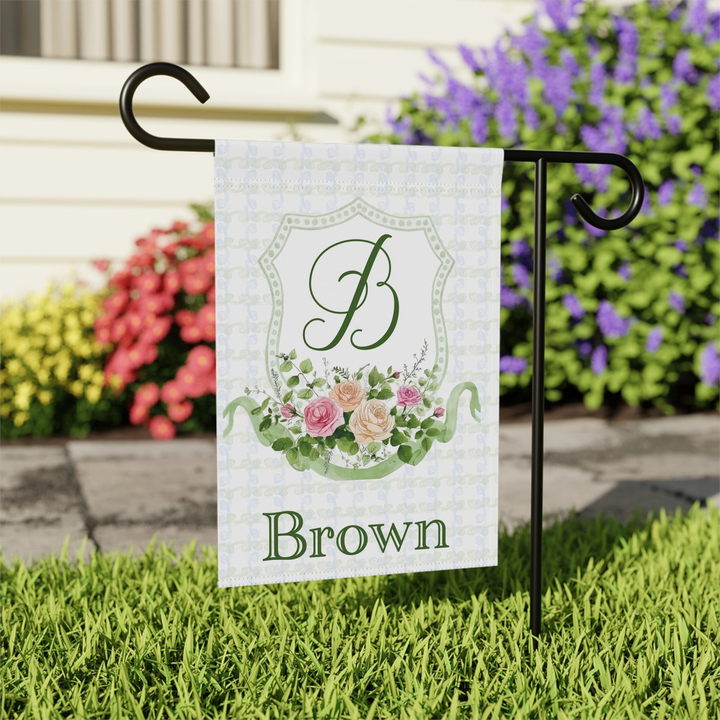 Personalized Green and Pink Floral Monogram Crest Garden Flag