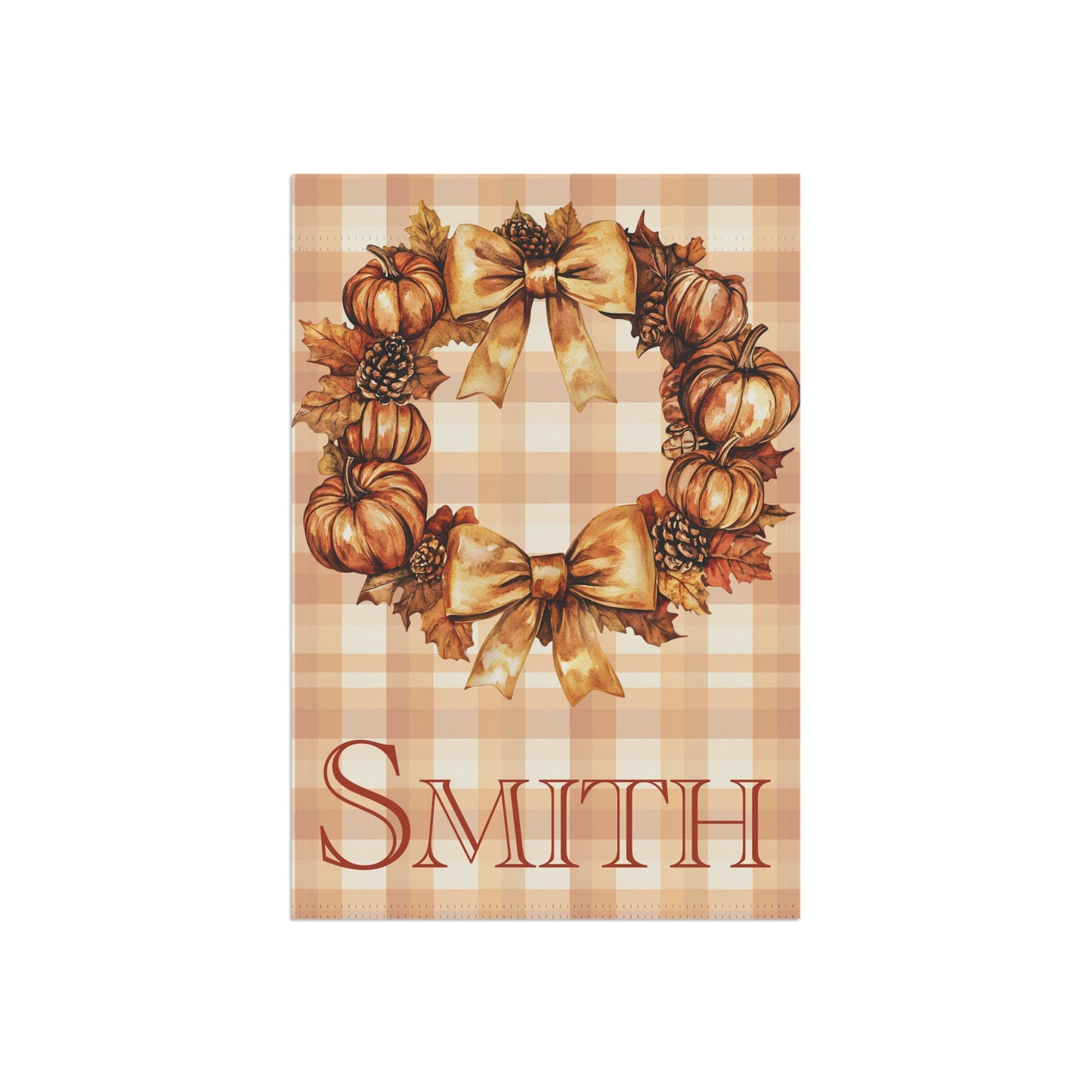 Personalized Fall Pumpkin Wreath Garden Flag Custom Name Autumn Outdoor Yard Decor, Thanksgiving Plaid Seasonal Porch Decoration