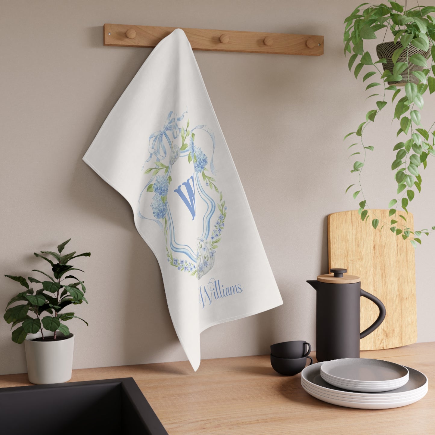 Blue Hydrangea Monogram W Pumpkin Tea Towel | Personalized Kitchen Towel