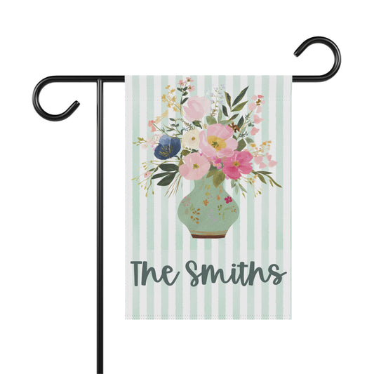 Personalized Floral Garden Flag, Custom Family Name Flag, Spring Garden Flag, Cottagecore Decor, Vintage Vase Flowers, Summer Porch Decor