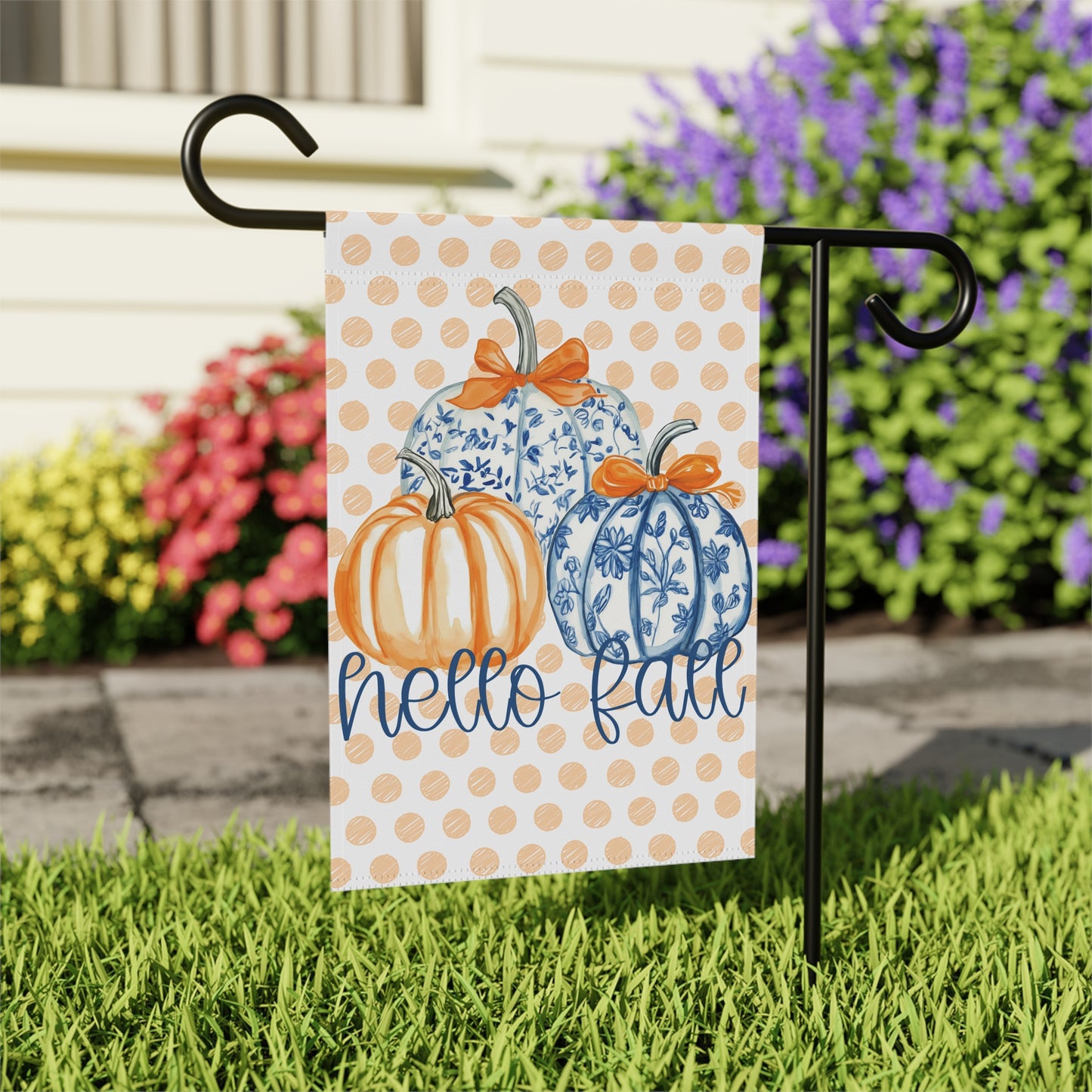 Hello Fall Pumpkin Garden Flag | Polka Dot Blue Orange Fall Yard Banner