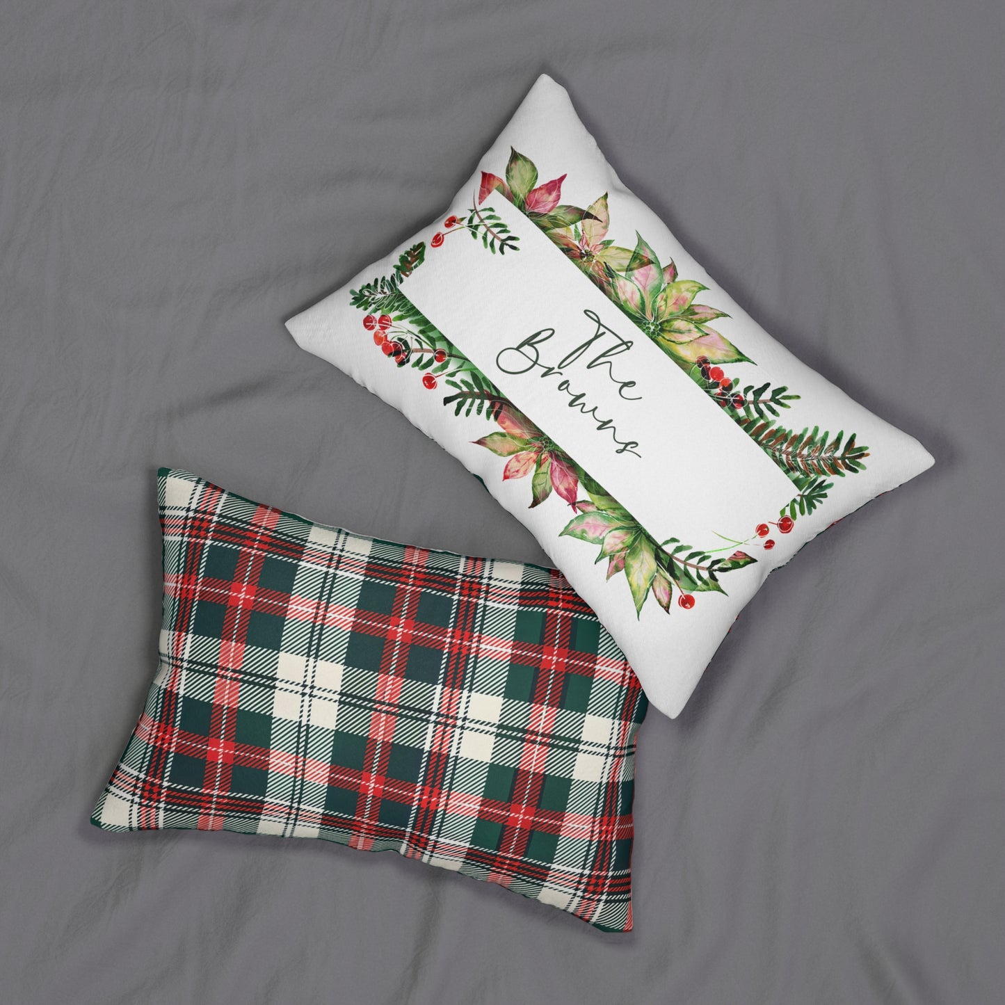 Personalized Holiday Wreath Lumbar Pillow | Plaid Back