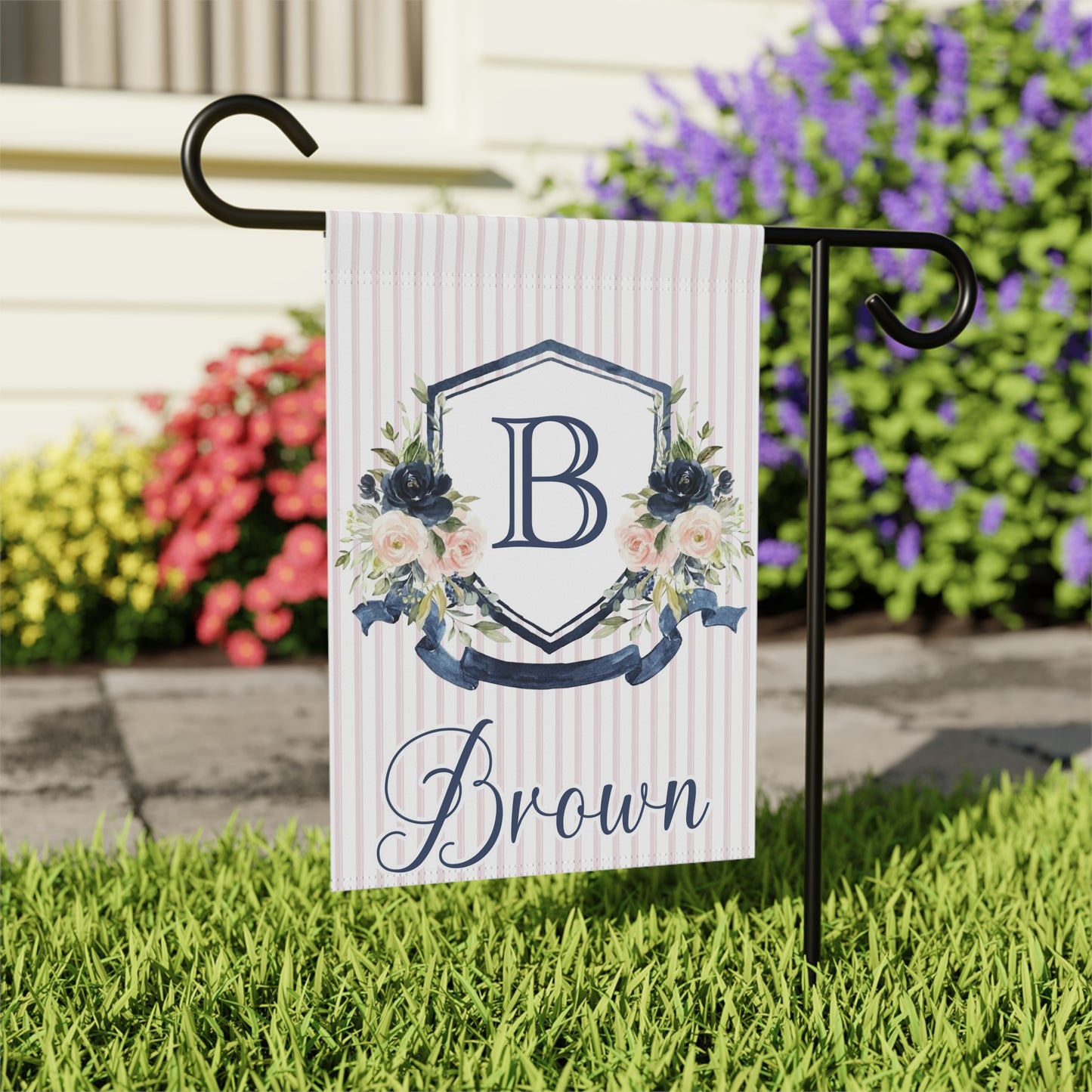Personalized Navy Blue Floral Crest Garden Flag