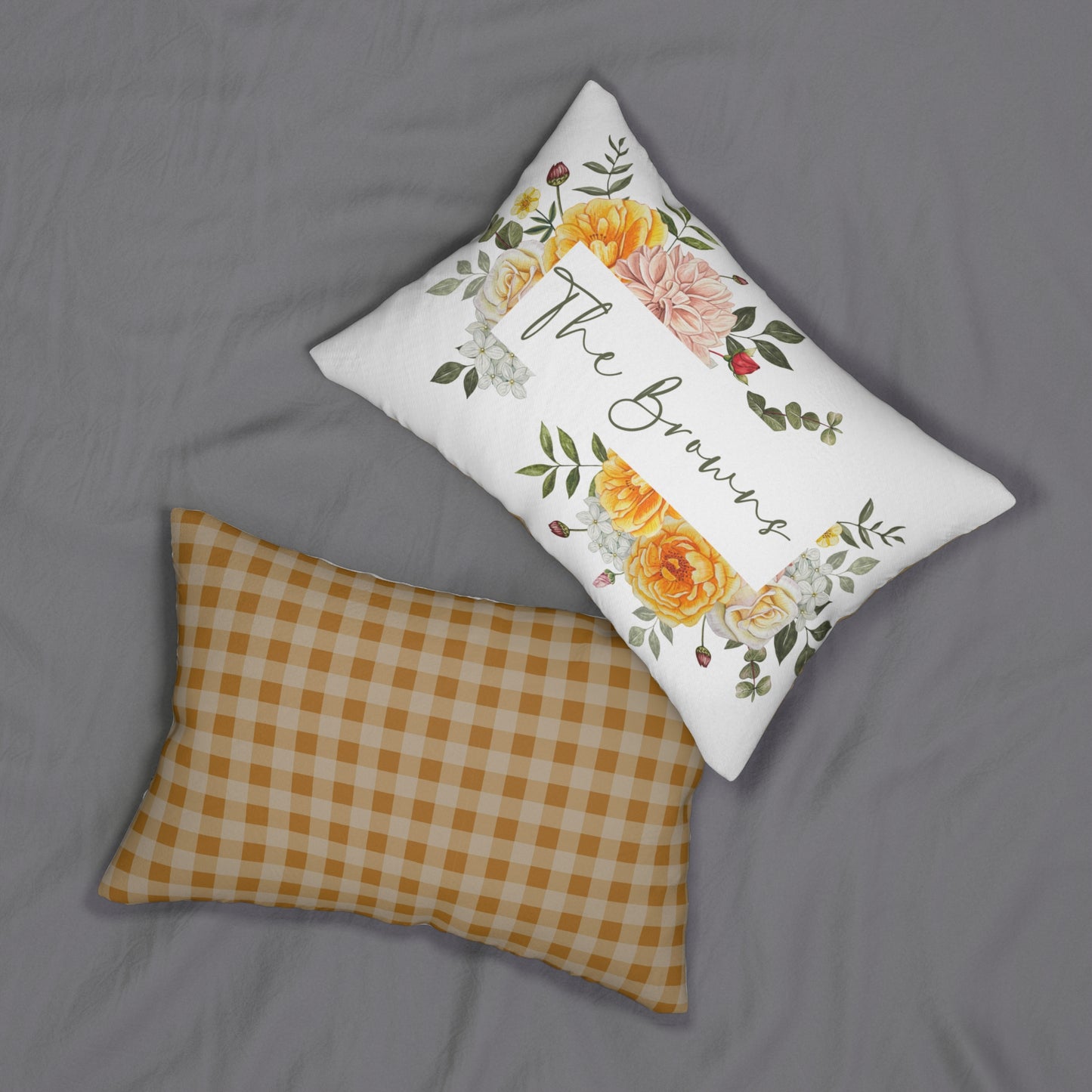 Floral Name Script Lumbar Pillow | Yellow Rose Check Back