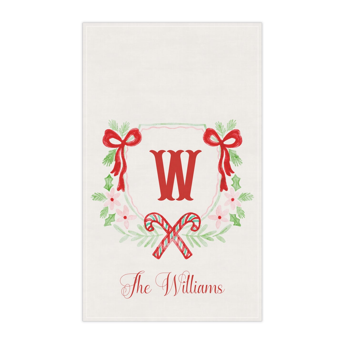 Monogram W Holiday Wreath Tea Towel | Personalized Kitchen Towel