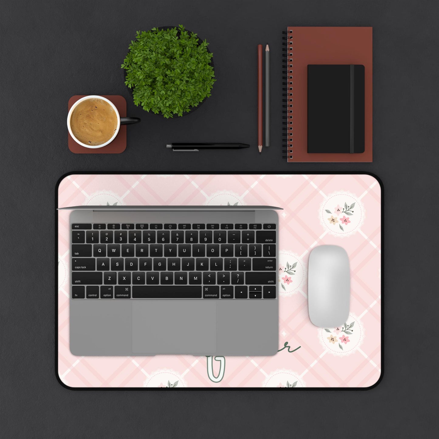 Pink Plaid Floral Desk Pad Personalized