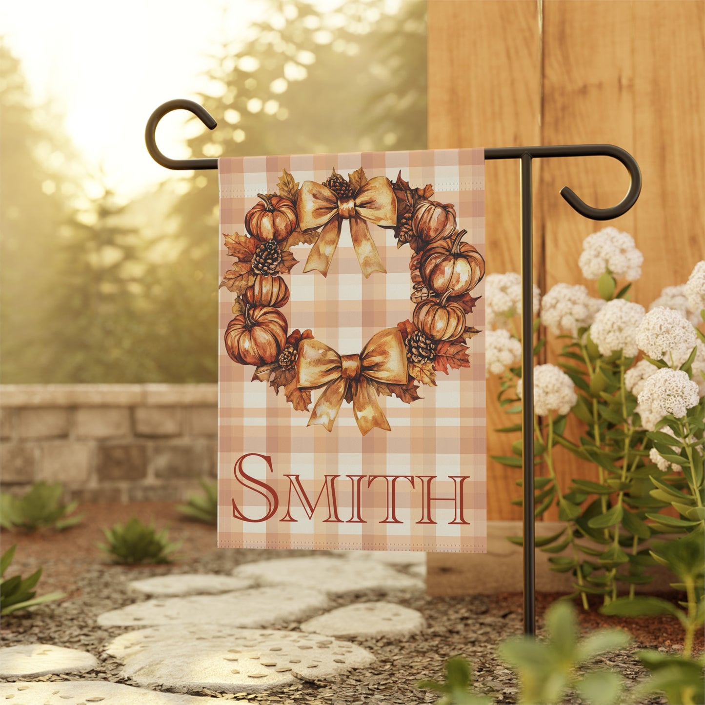 Personalized Fall Pumpkin Wreath Garden Flag Custom Name Autumn Outdoor Yard Decor, Thanksgiving Plaid Seasonal Porch Decoration