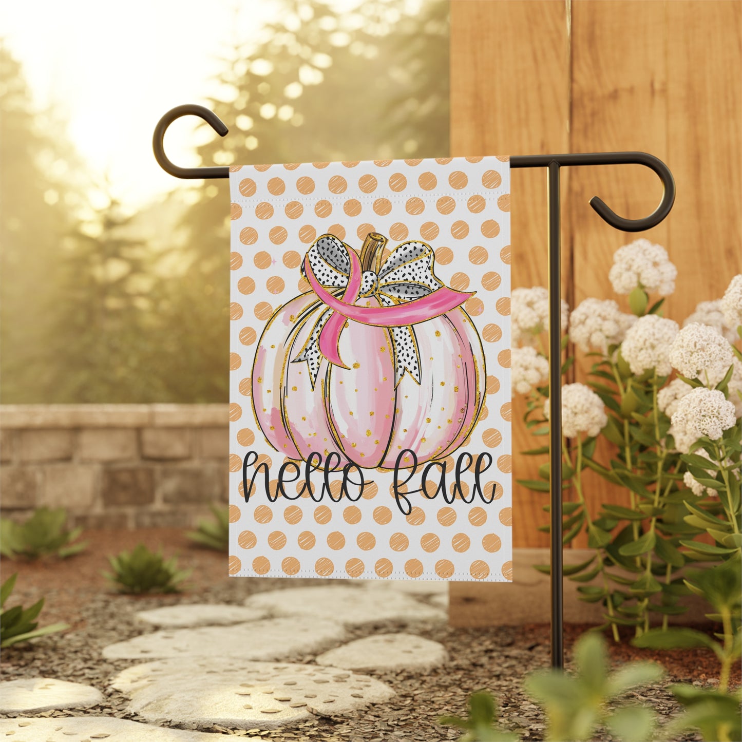 Pink Polka Dot Pumpkin Hello Fall Garden Flag | House Banner
