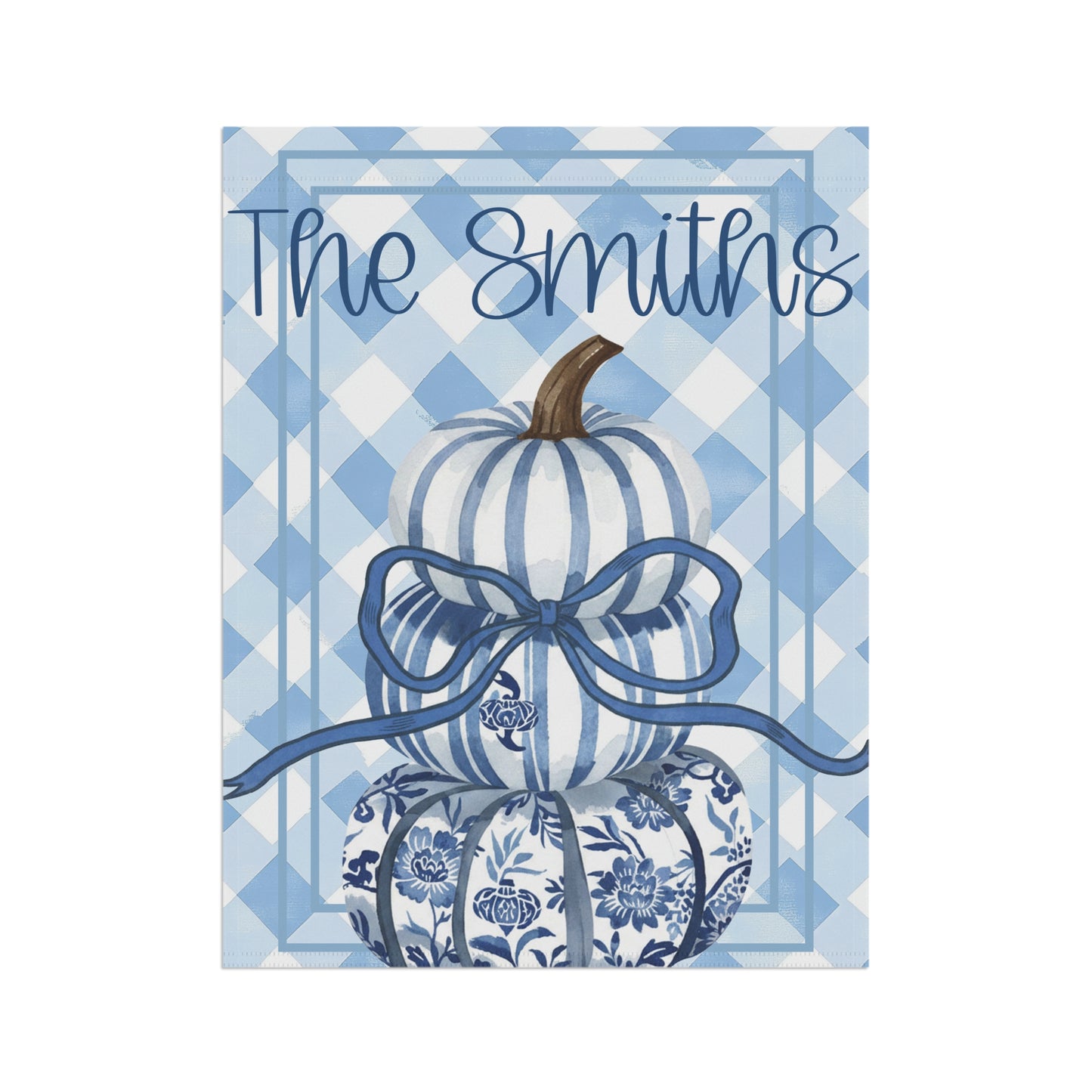 Blue Gingham Pumpkin Stack Garden & House Banner | Personalized Name