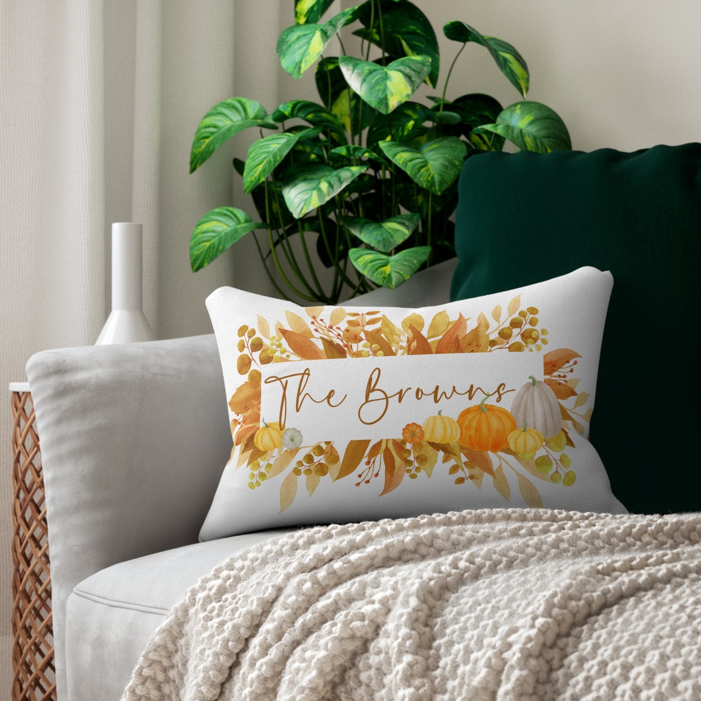 Autumn Watercolor Pumpkins Family Name Lumbar Pillow | Spun Polyester Lumbar Pillow