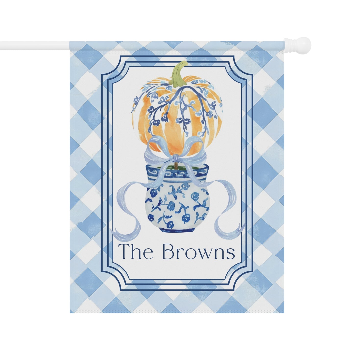 Blue Gingham Pumpkin in Blue Willow Vase Garden Flag | House Banner, Personalized Name