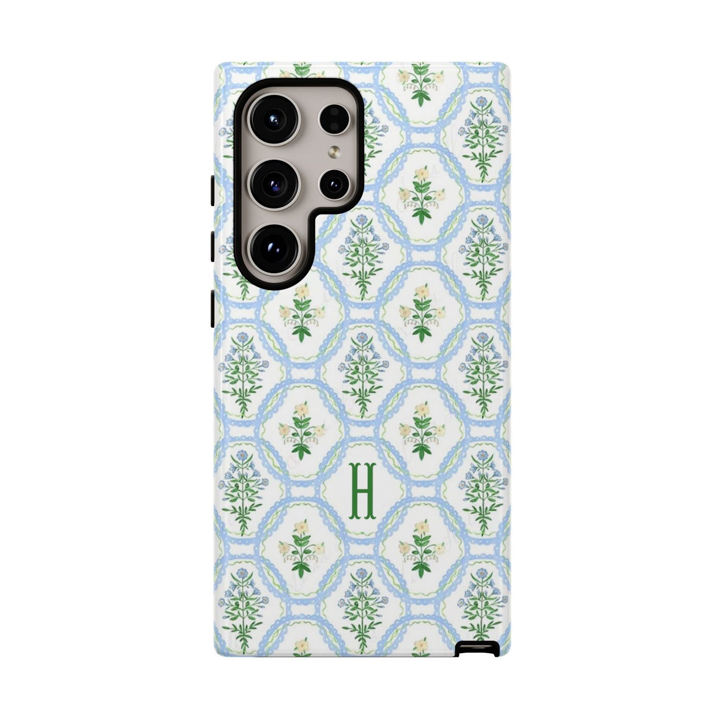 Blue Floral Motif Monogram Phone Case Personalized