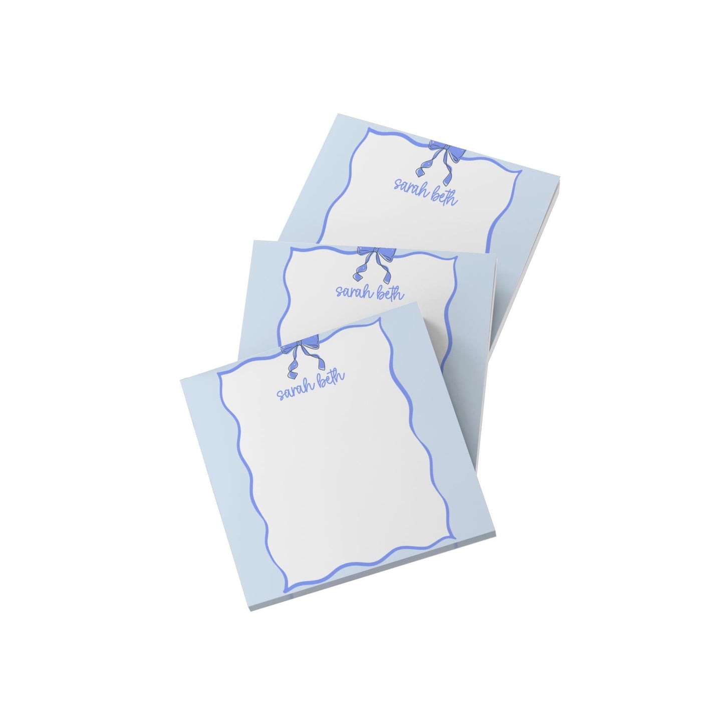 personalized bow sticky notes with blue scallop border and blue ribbon at top, custom name sarah beth