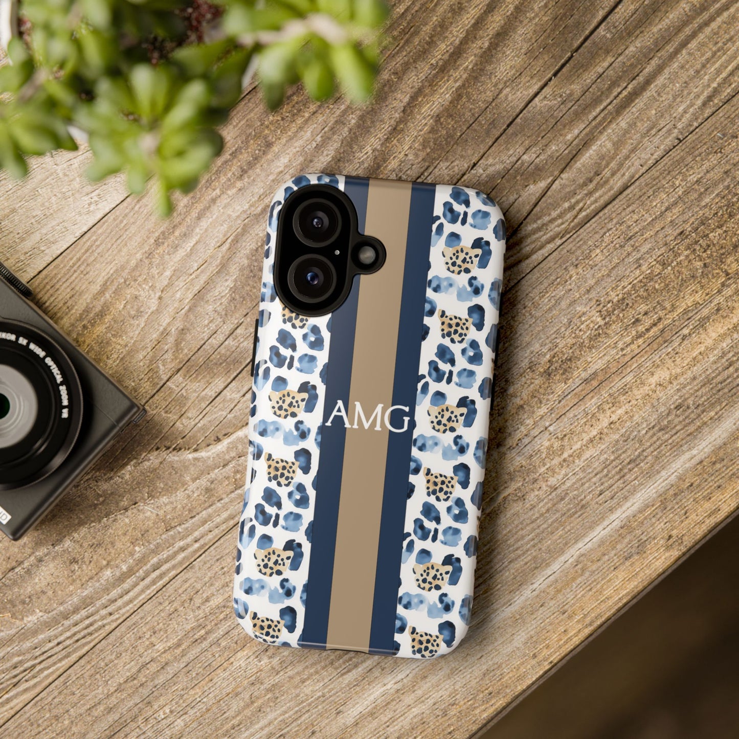 Blue Leopard Monogram Phone Case