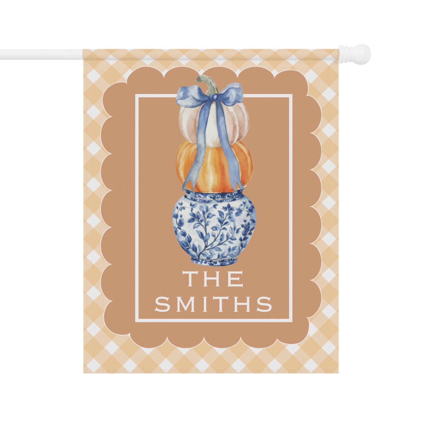 Stacked Pumpkins in Blue Vase Garden Flag | House Banner, Personalized Name