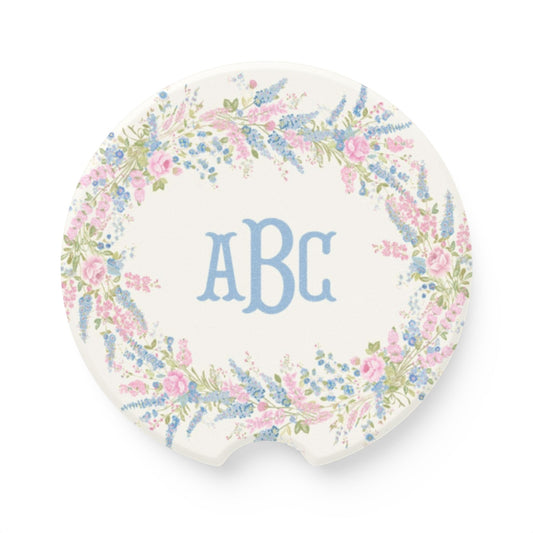 Floral Wreath Monogram Soapstone Car Coaster | Personalized Initials