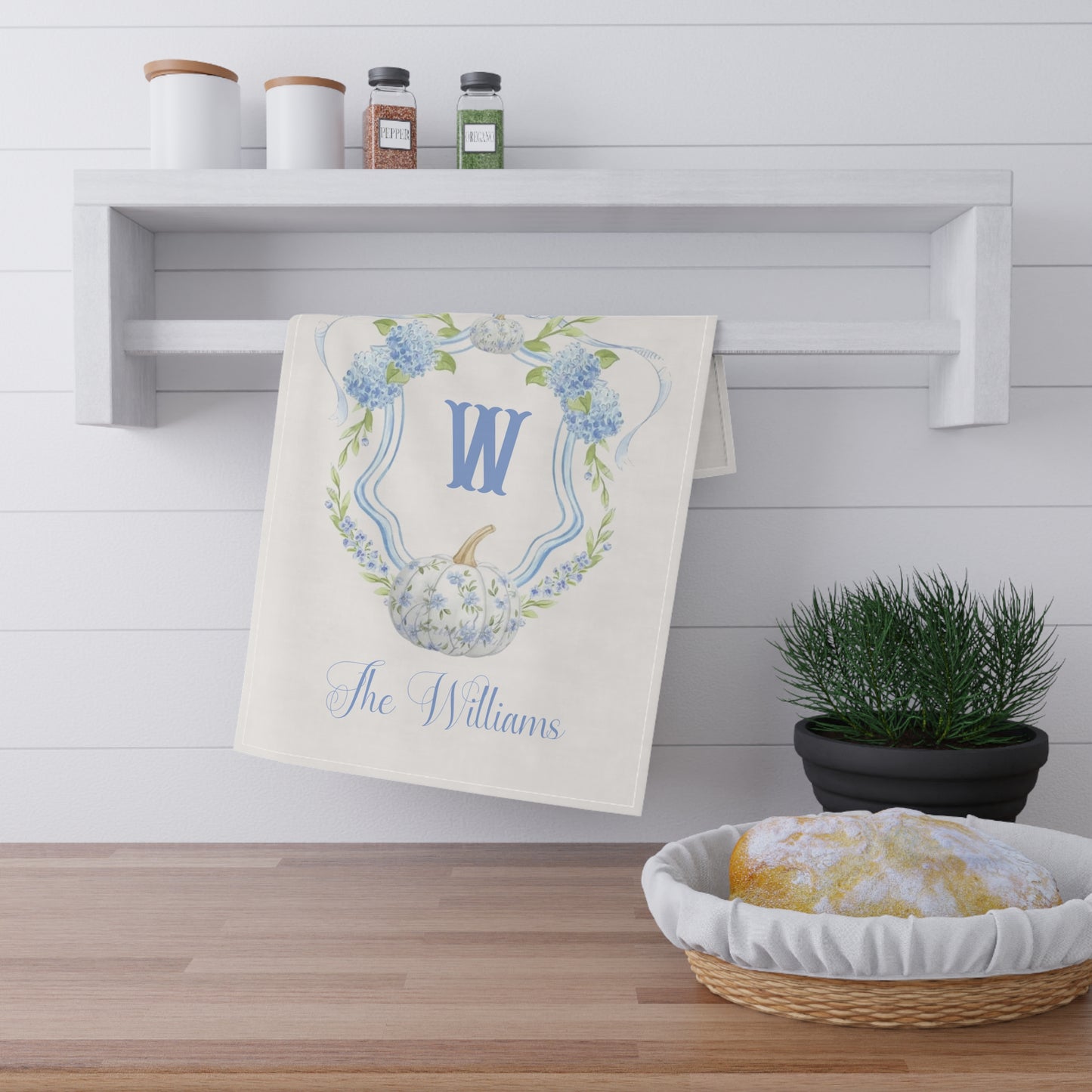 Blue Hydrangea Monogram W Pumpkin Tea Towel | Personalized Kitchen Towel