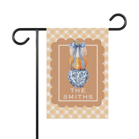 Stacked Pumpkins in Blue Vase Garden Flag | House Banner, Personalized Name