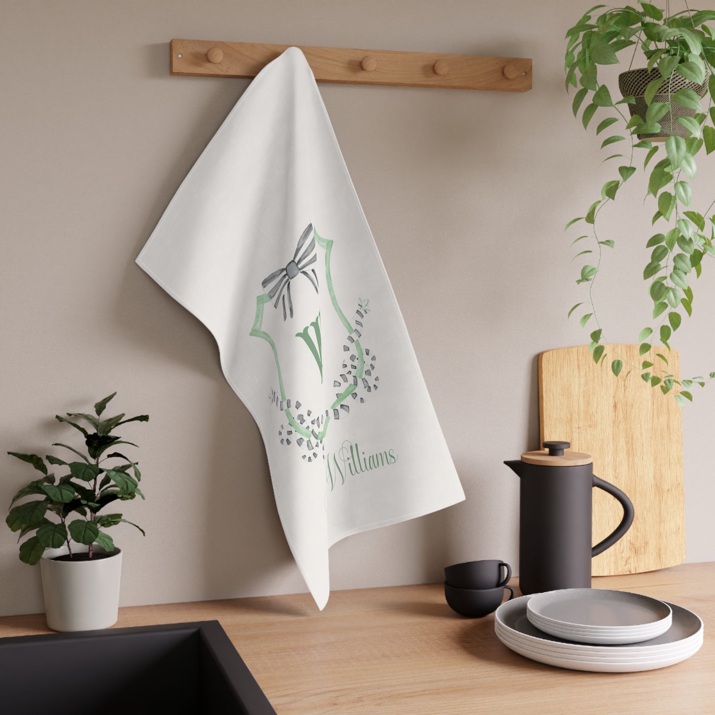 Monogram W Shield Tea Towel | Personalized Initial Kitchen Towel