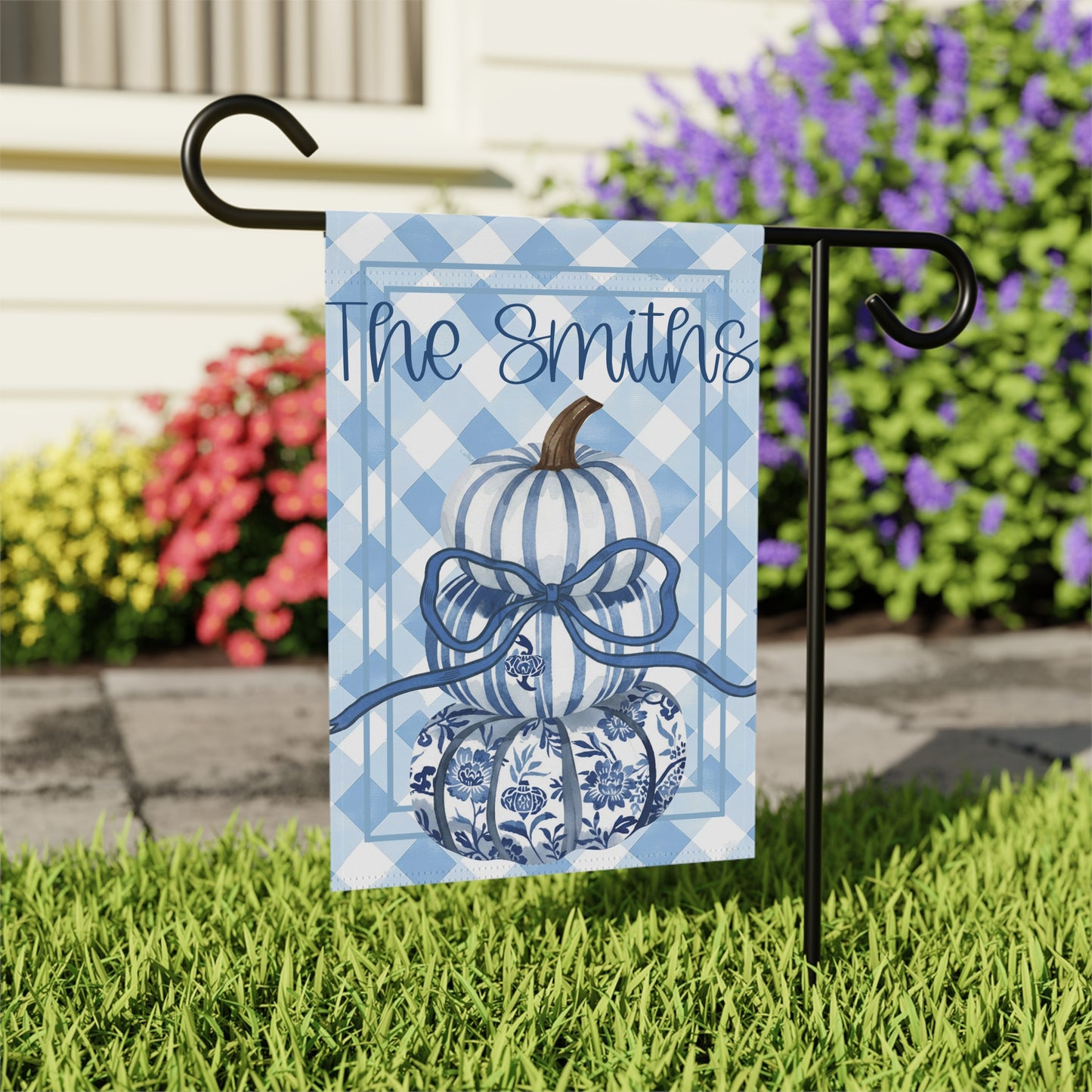 Blue Gingham Pumpkin Stack Garden & House Banner | Personalized Name