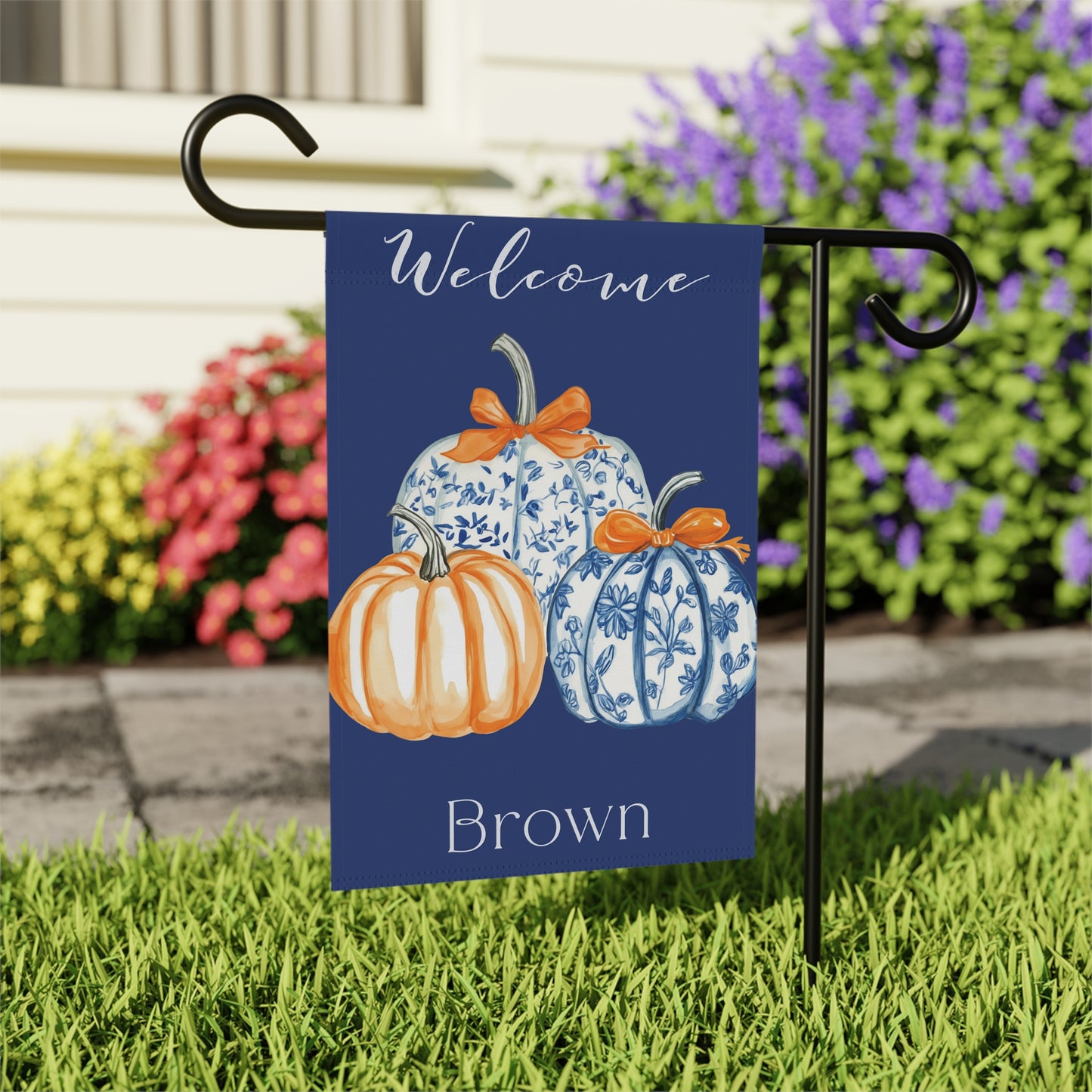 Blue Floral Pumpkins Garden Flag | Welcome House Banner