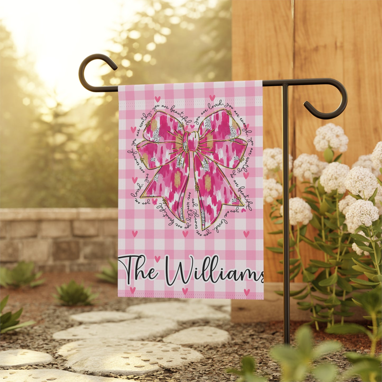 Personalized Valentine Garden Flag with Pink Bow
