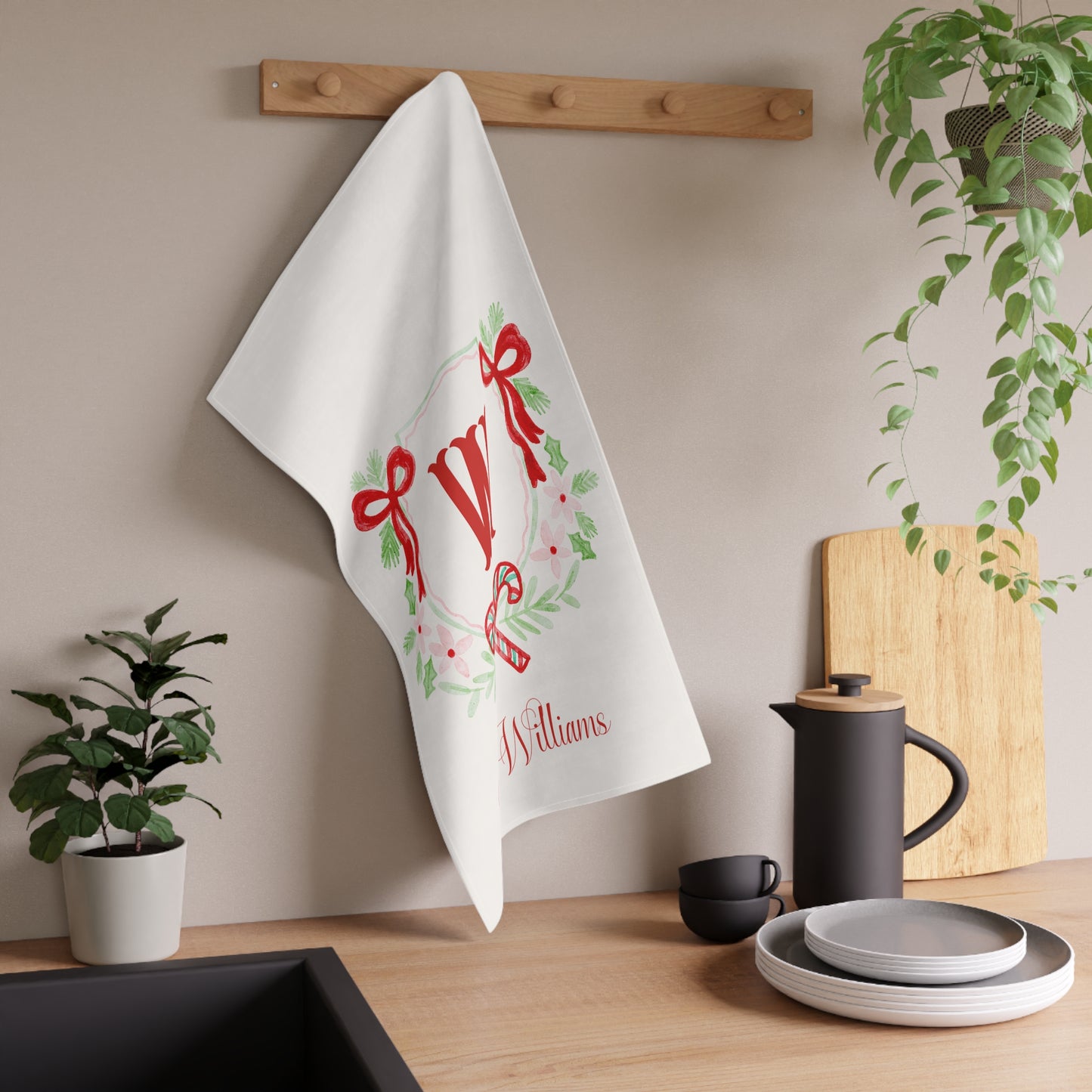 Monogram W Holiday Wreath Tea Towel | Personalized Kitchen Towel