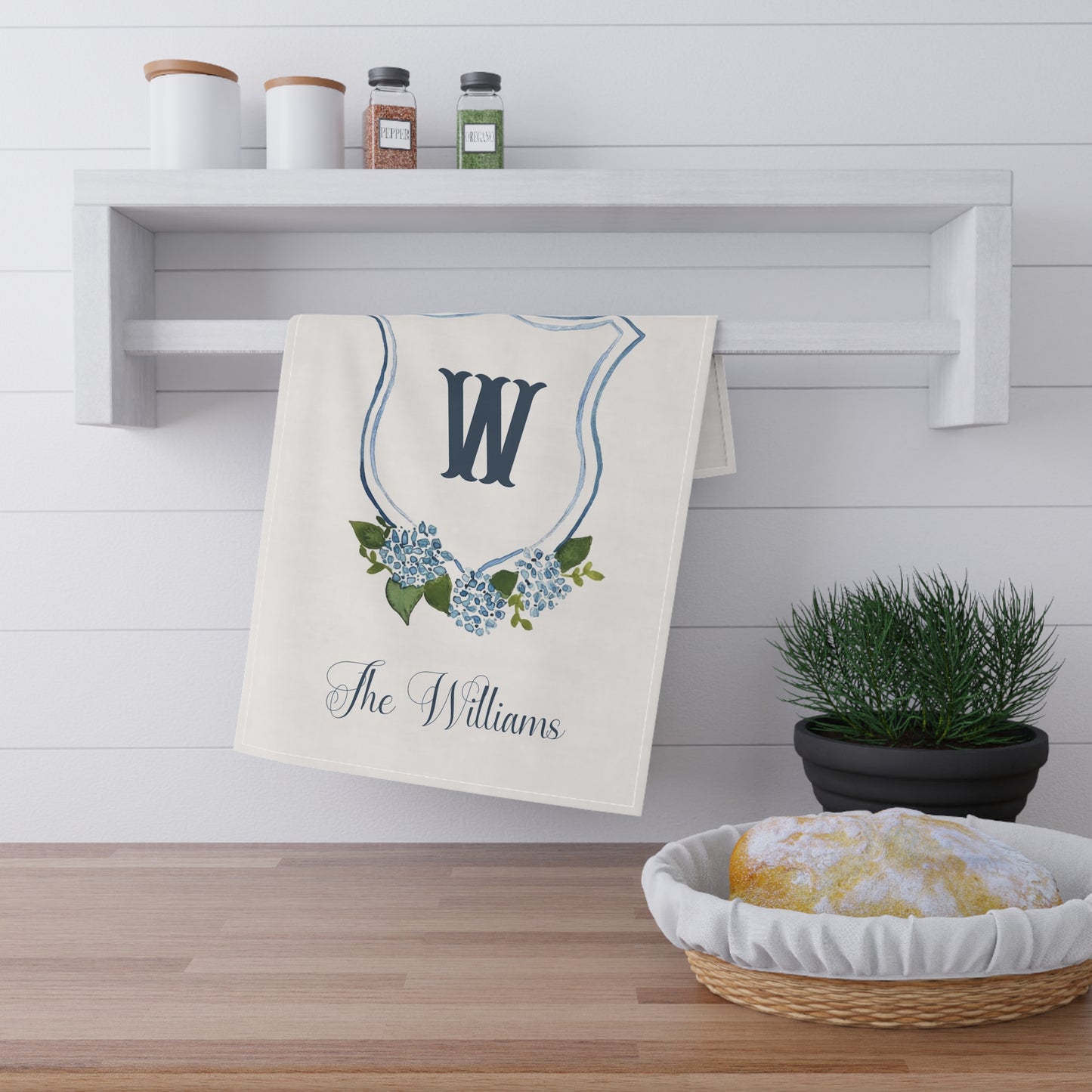 Monogram W Hydrangea Crest Tea Towel | Personalized Kitchen Towel