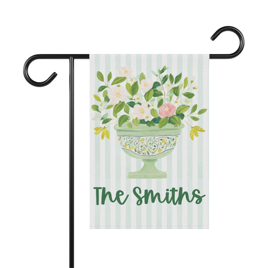 Personalized Floral Garden Flag, Custom Family Name Flag, Green Urn Garden Flag, Cottagecore Porch Decor, Spring Summer Outdoor Flag