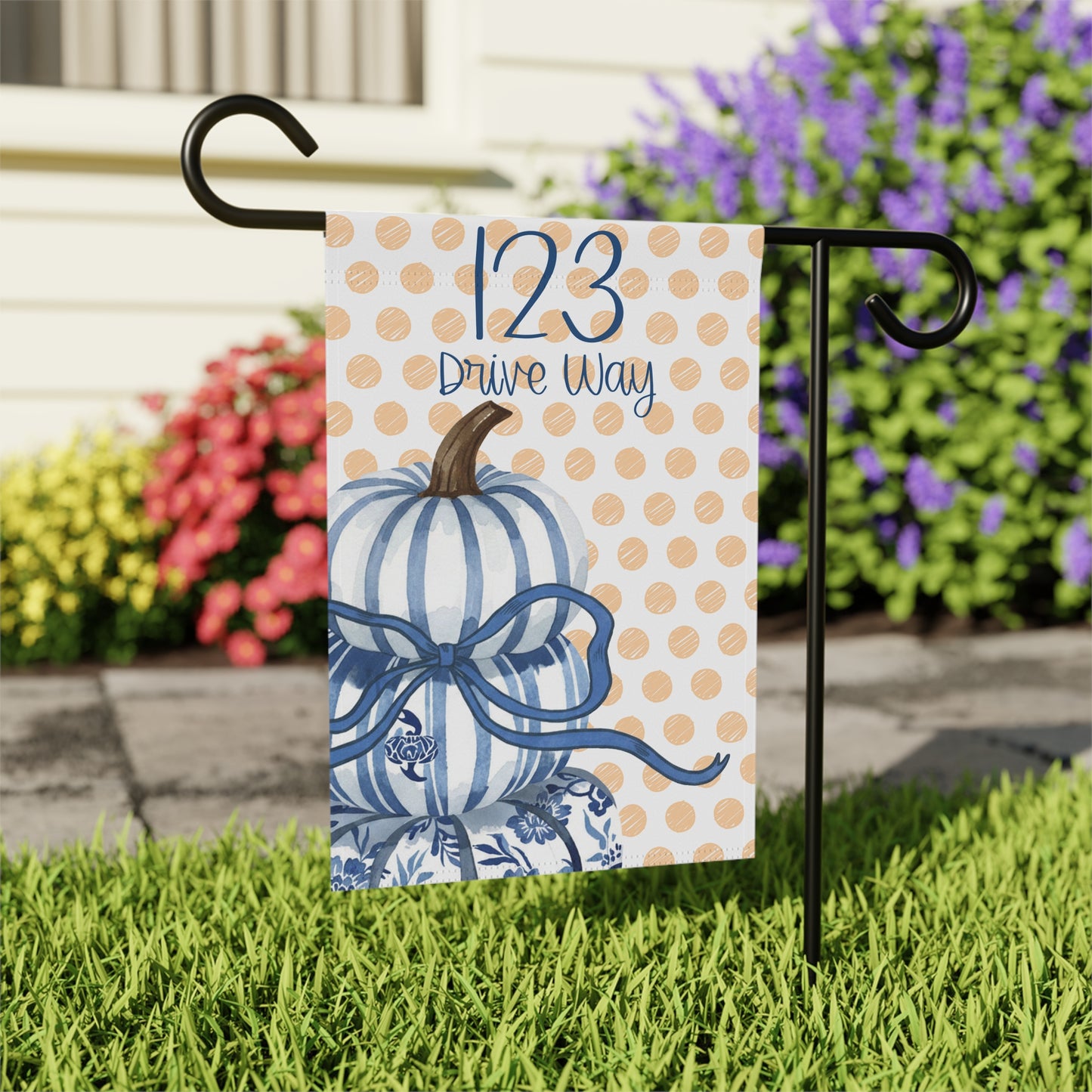 Blue Striped Pumpkin House Number Garden Banner | Polka Dot Fall Porch Flag