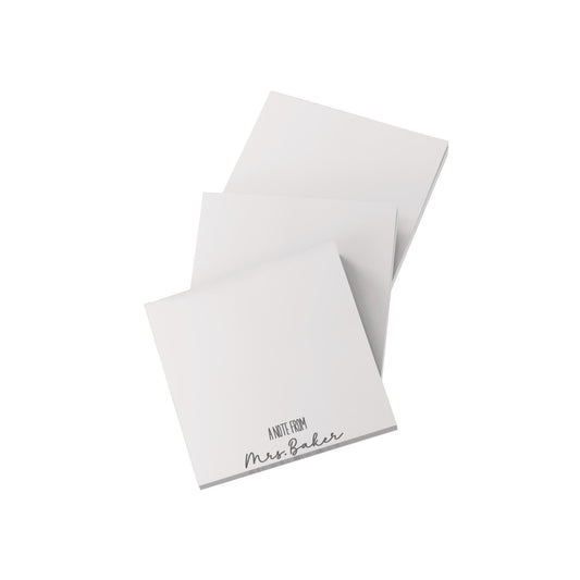 personalized teacher sticky note that says A Note From Mrs. Baker at the bottom on a simple white background