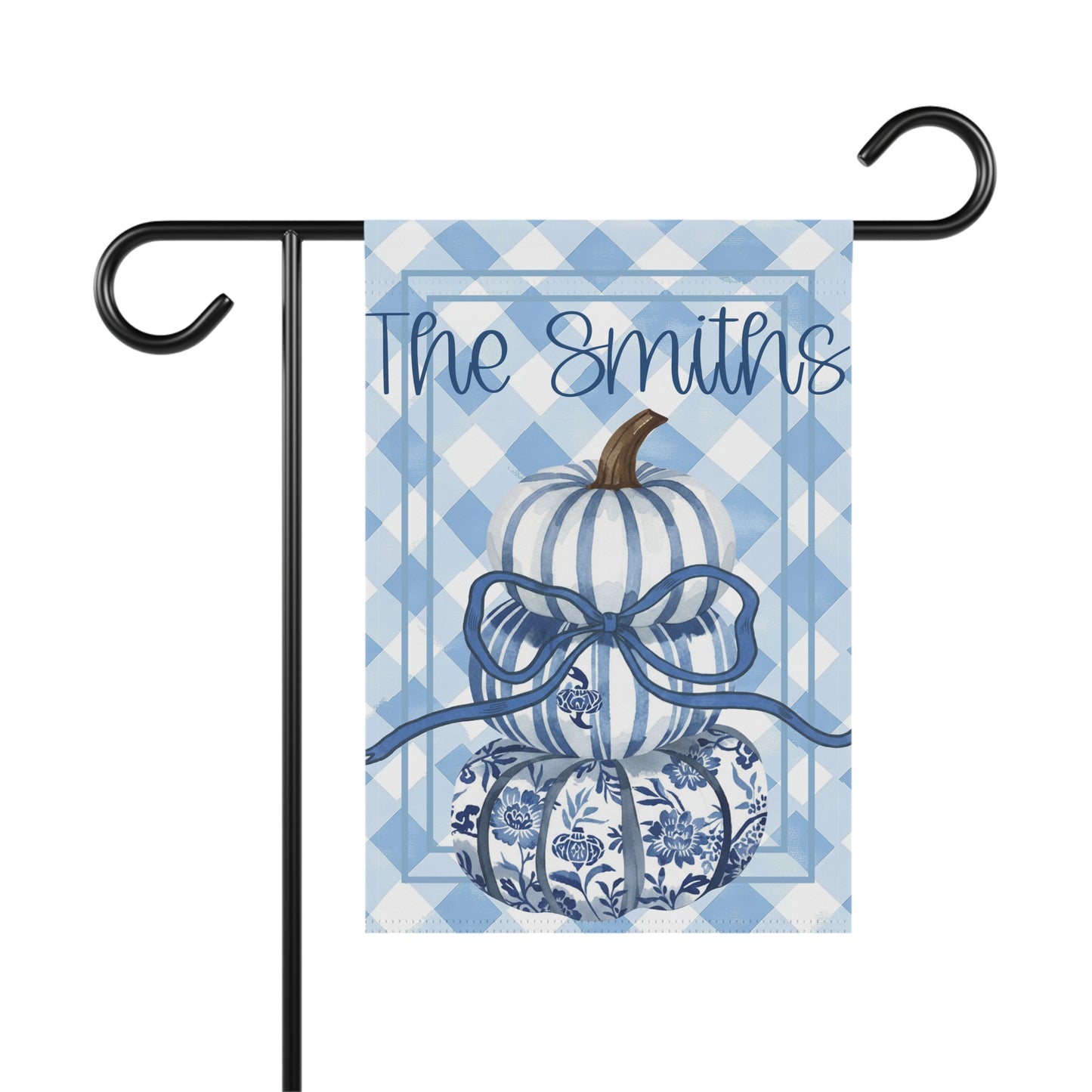 Blue Gingham Pumpkin Stack Garden & House Banner | Personalized Name