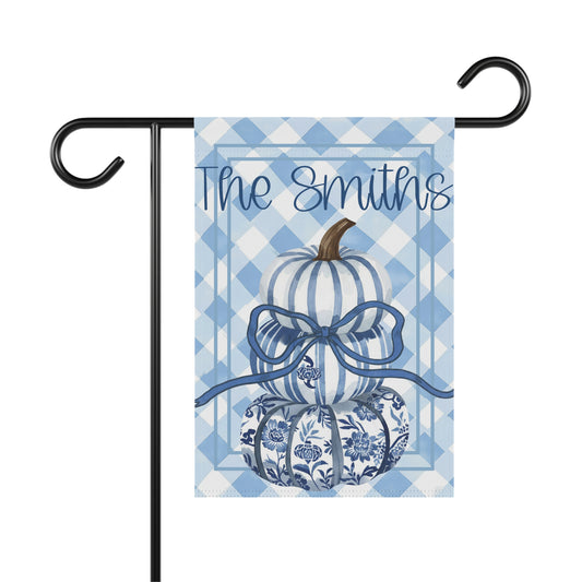 Blue Gingham Pumpkin Stack Garden & House Banner | Personalized Name