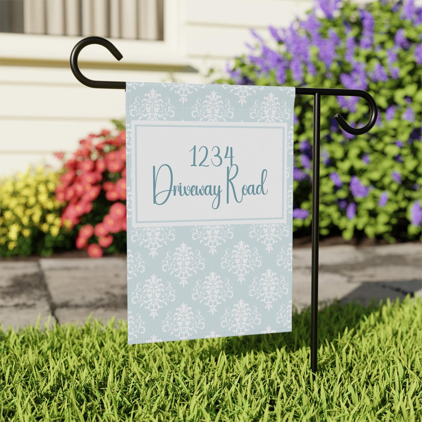 Blue Damask Address Garden Flag