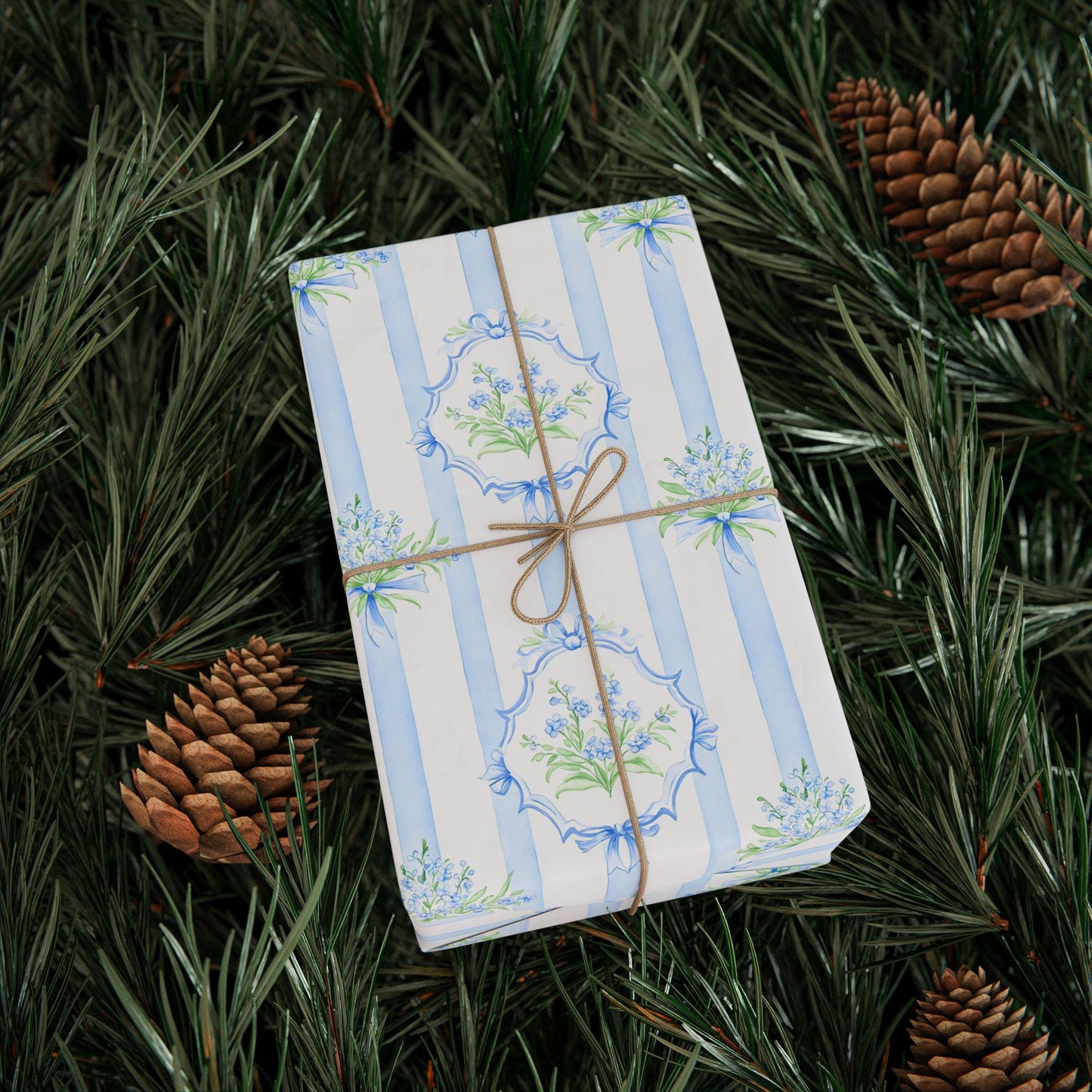 Blue Stripe Vintage Floral Wrapping Paper
