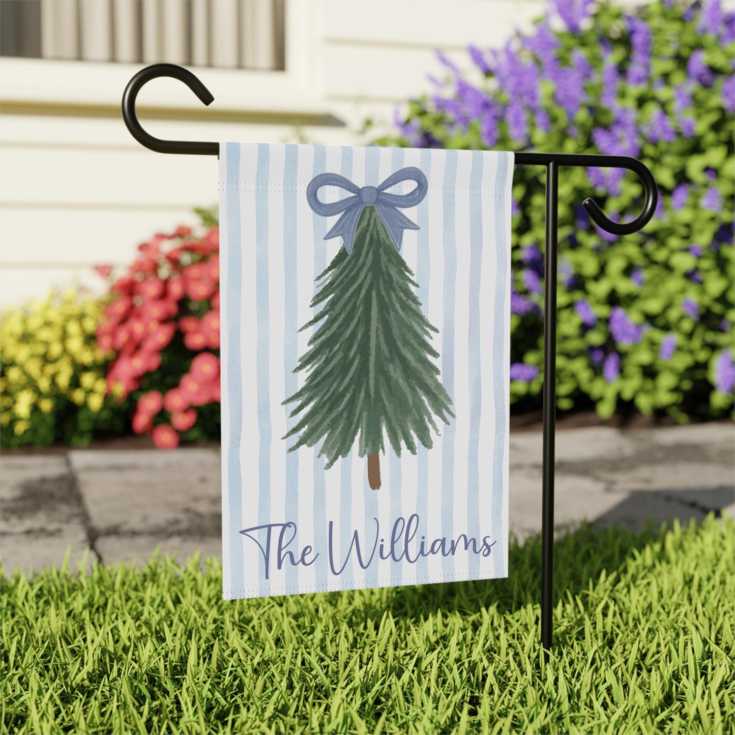 Personalized Blue Christmas Tree Garden Flag