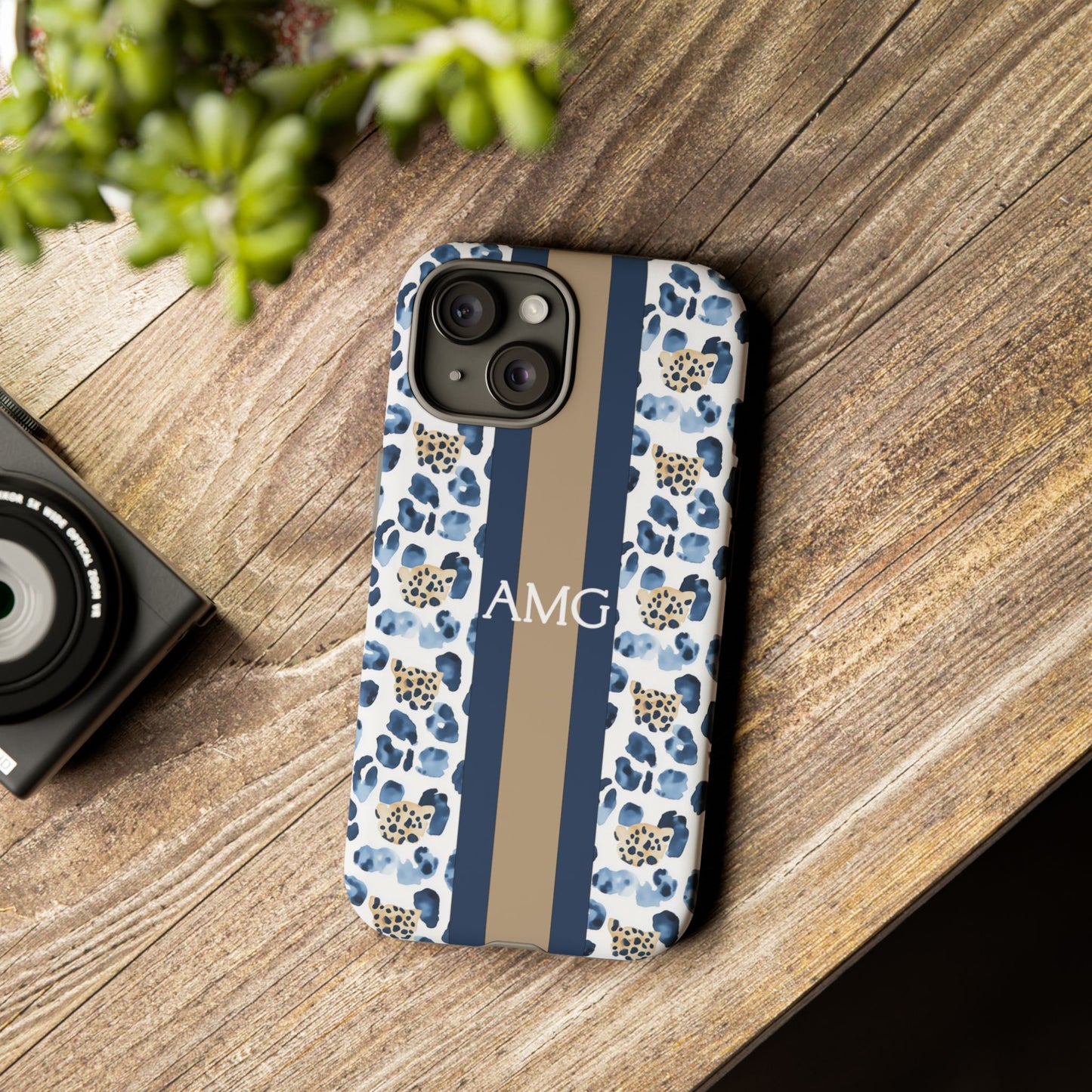 Blue Leopard Monogram Phone Case