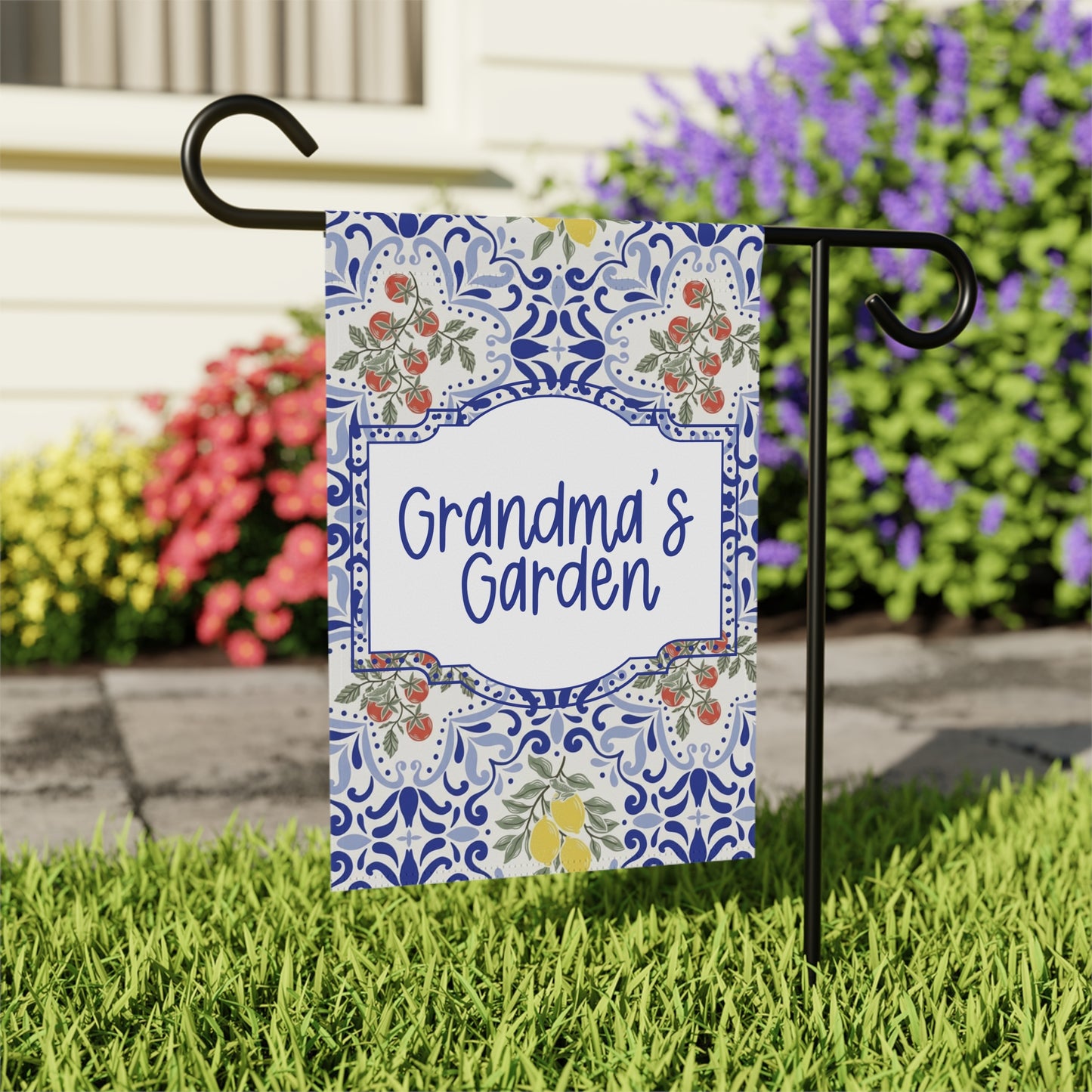 Grandma's Garden Blue Tile Garden Flag