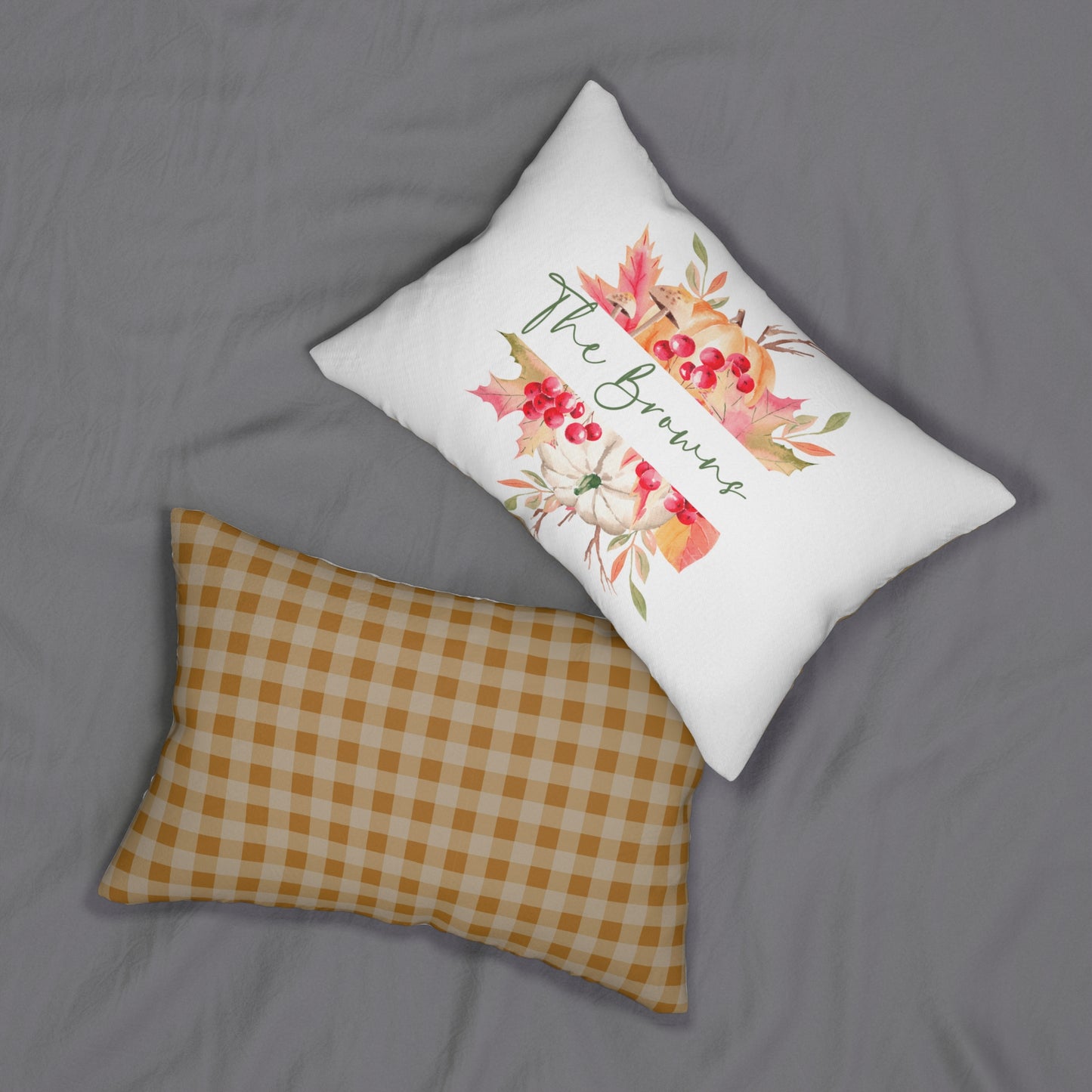 Autumn Floral Name Monogram Lumbar Pillow | Personalized Fall Plaid Lumbar Pillow
